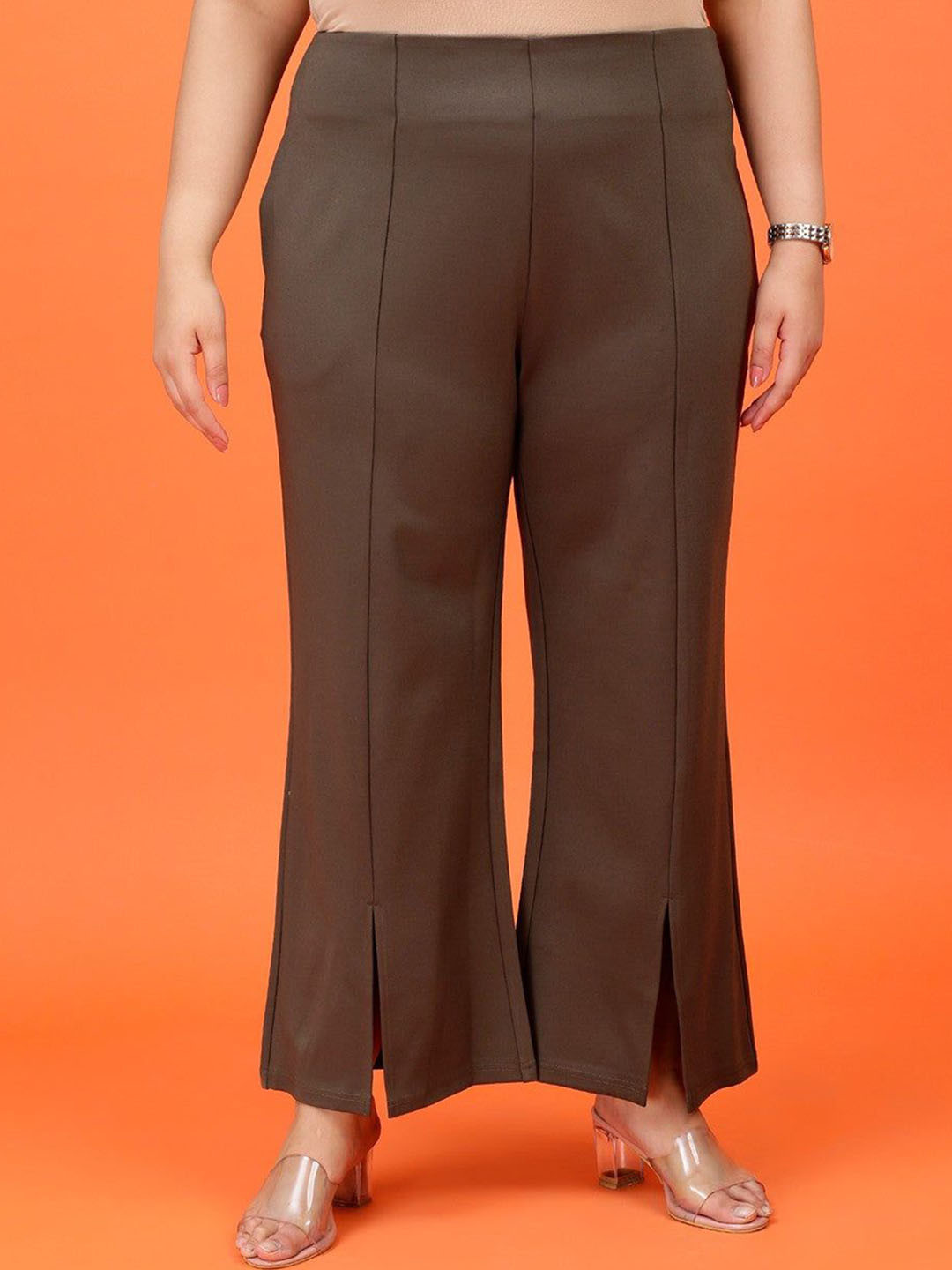 Toodle Plus Women Cotton Plus Size Classic Easy Wash Slits Cropped Bootcut Trousers