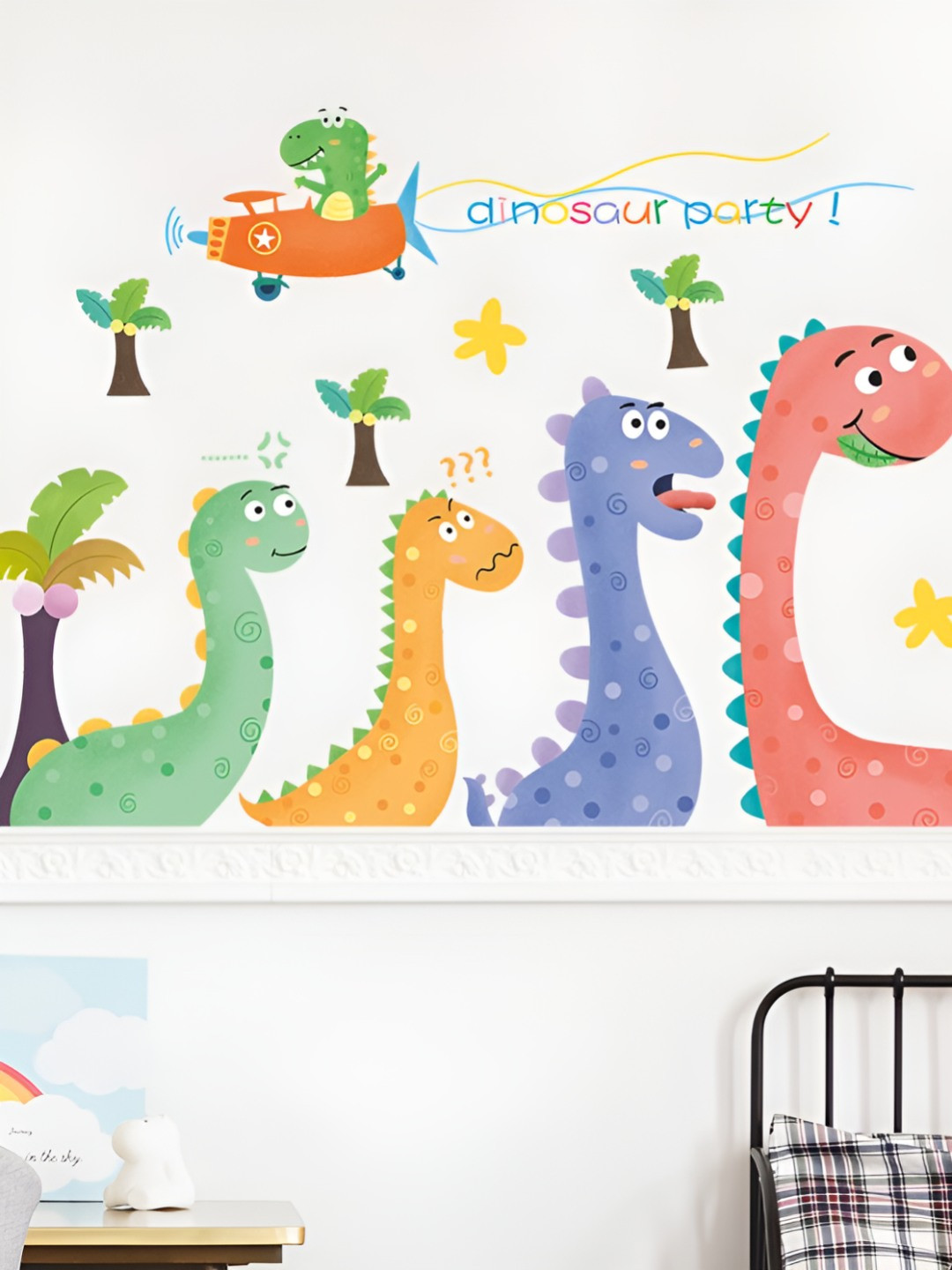 INDIAN ROYALS Pink & Green Cartoon Dinosaur Printed Waterproof Wall Stickers