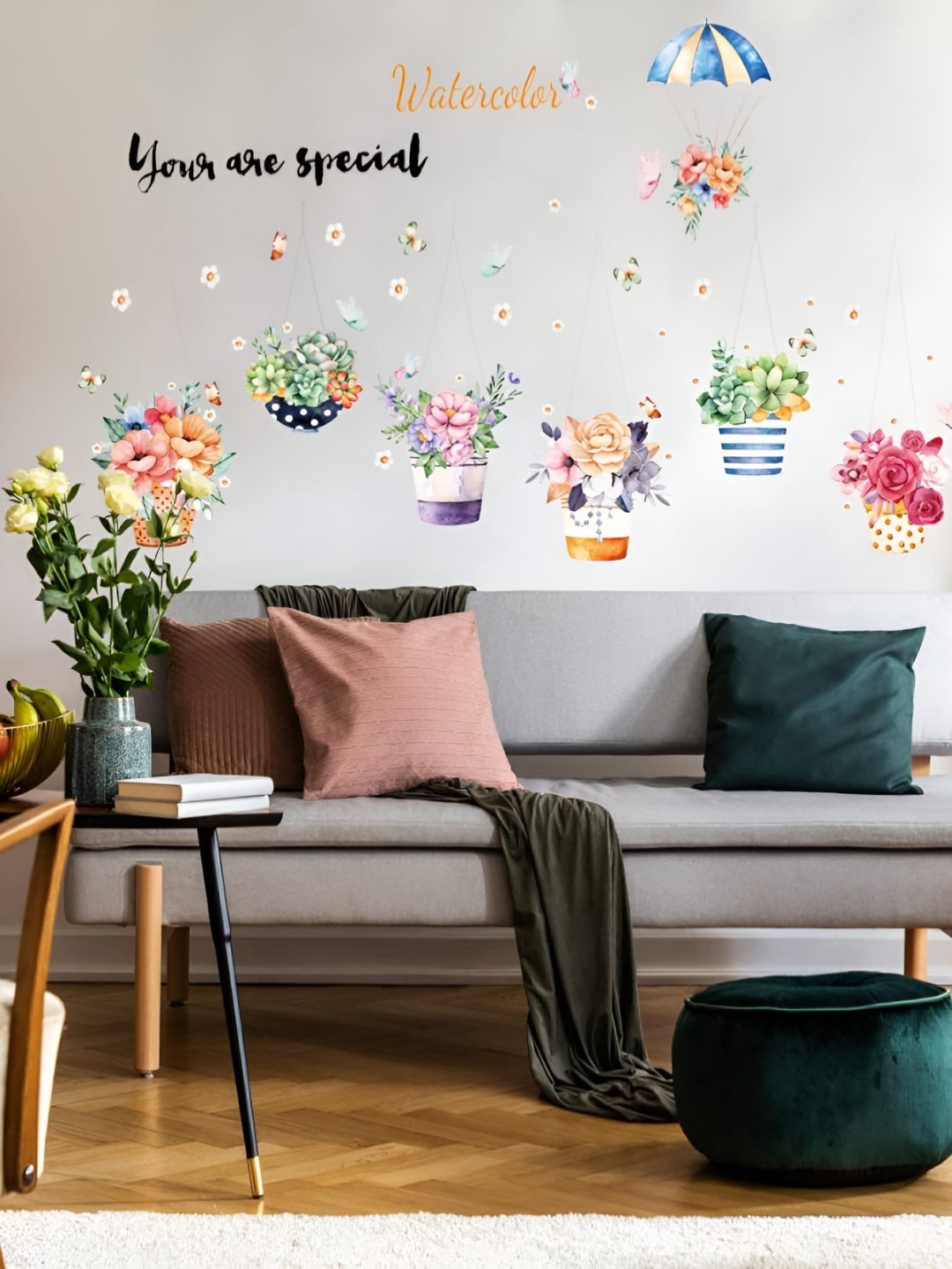 INDIAN ROYALS Pink & Green Printed Flower Pot Design Vinyl Self Adhesive Wall Sticker