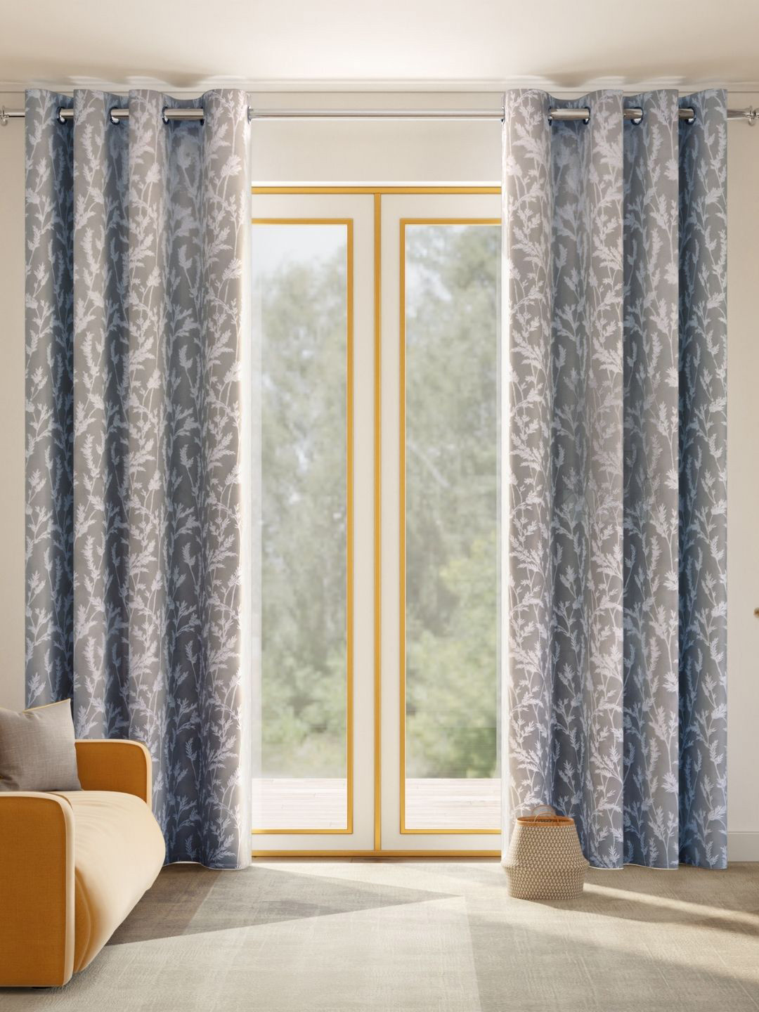 haus & kinder Whispering Willows Grey 2 Pieces Embroidered Room Darkening Door Curtain