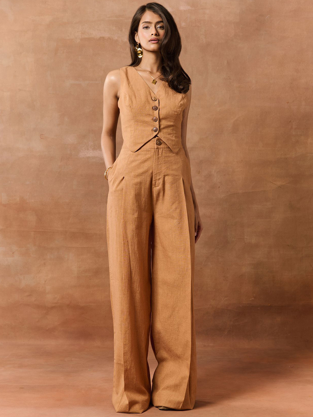 Lea Clothing Co. Women Loose Fit High-Rise Pleated solde Tan High-Waisted Linen Pants