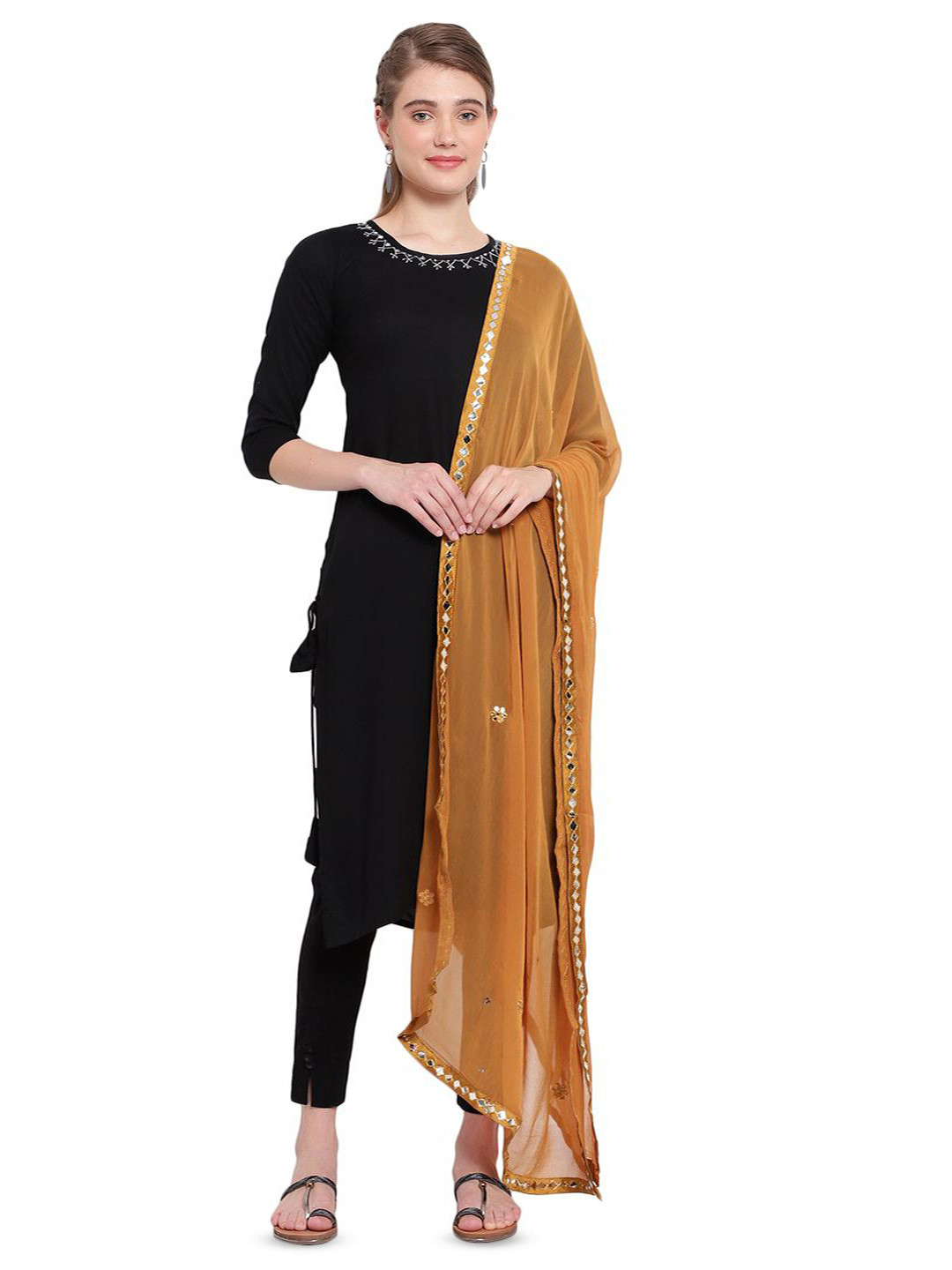 Karthav Fashion Floral Embroidered Mirror Work Chiffon Barfi Dupatta