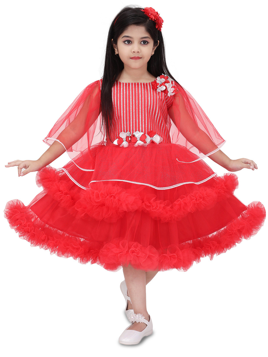 PN Fashion Embellished Cape Sleeve Net A-Line Dress
