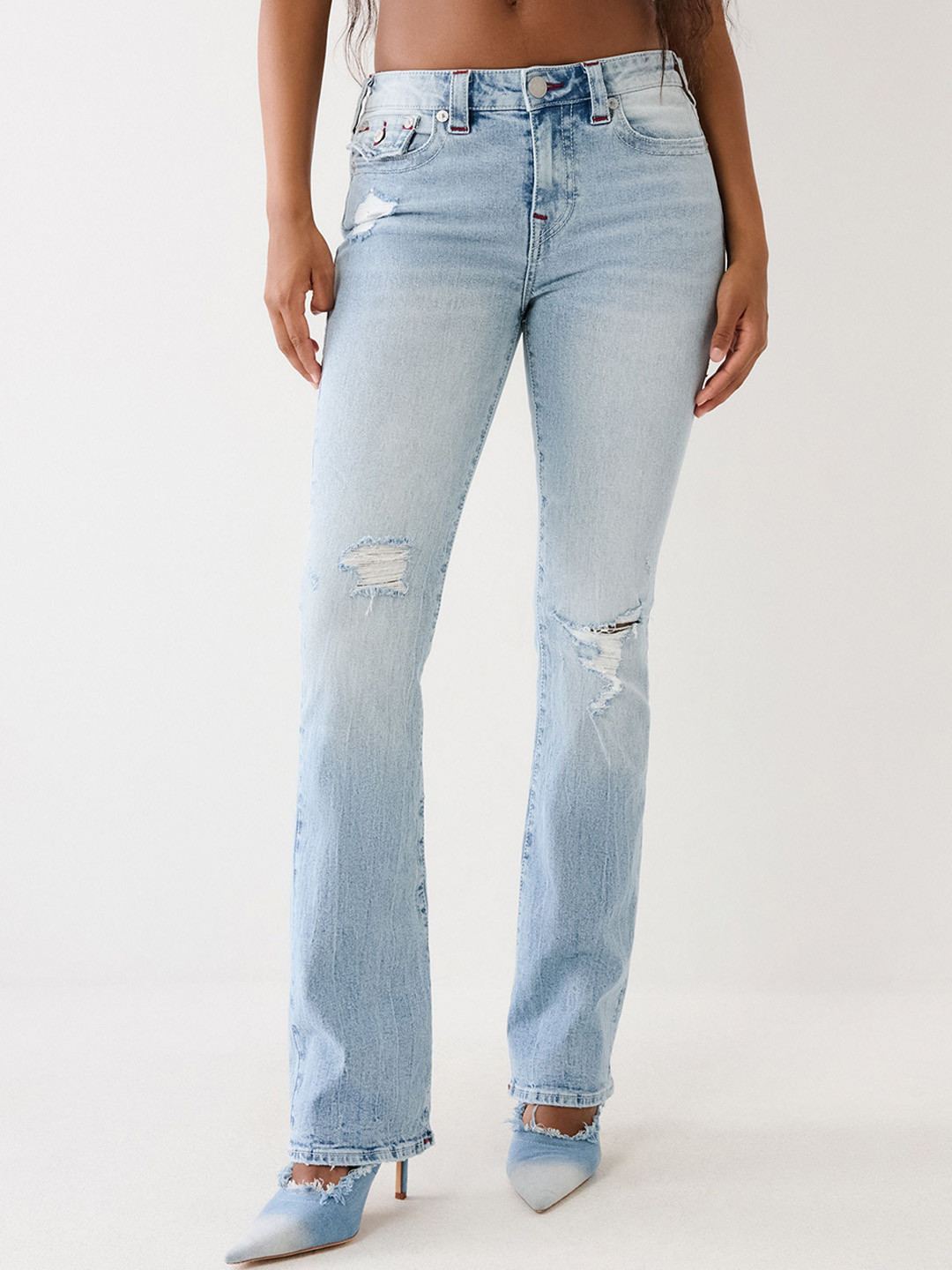 True Religion Women Bootcut Mid-Rise Low Distress Light Fade Jeans