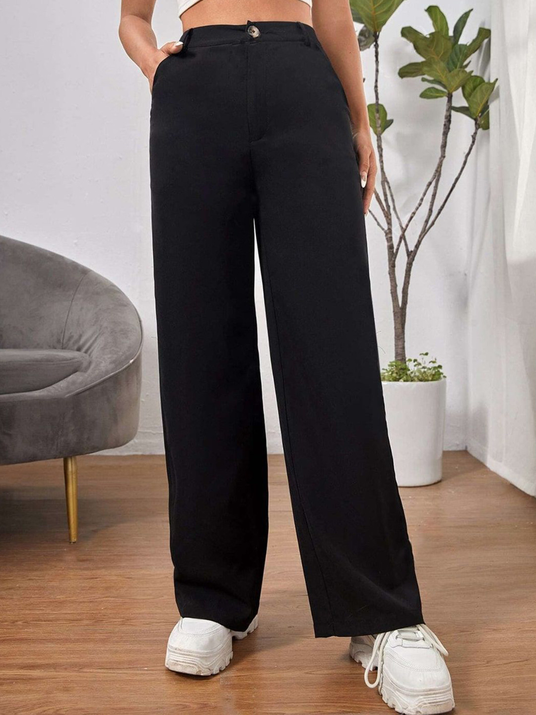 IQOA Women Solid High-Rise Regular Trousers