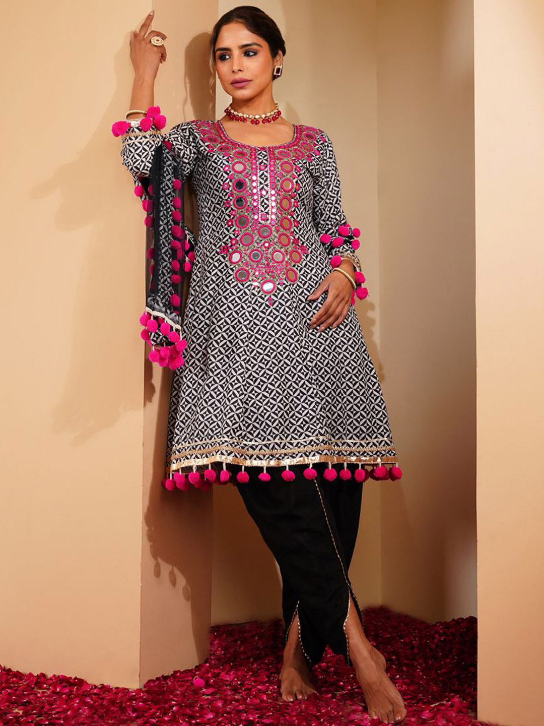 Shop Begum Women Geometric Printed A-Line Regular Silk Fusion Kurta With Dhoti Pants & Dupatta