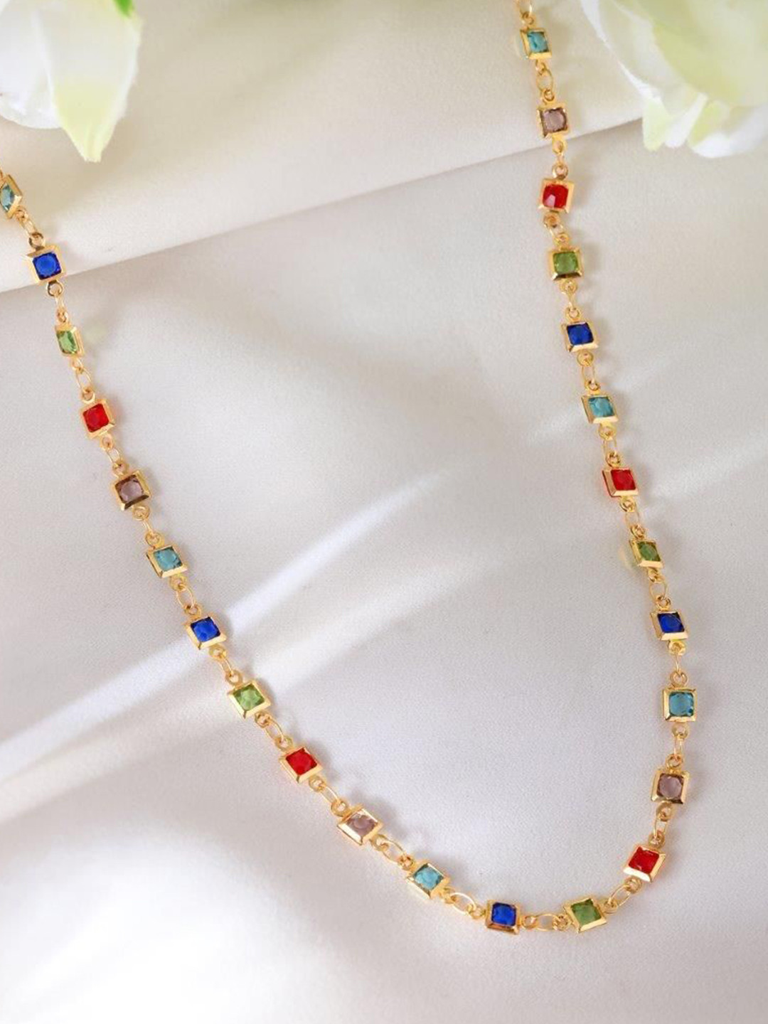 DIVASTRI Gold-Plated Stainless Steel Square Shaped Artificial Stones Studded Chain