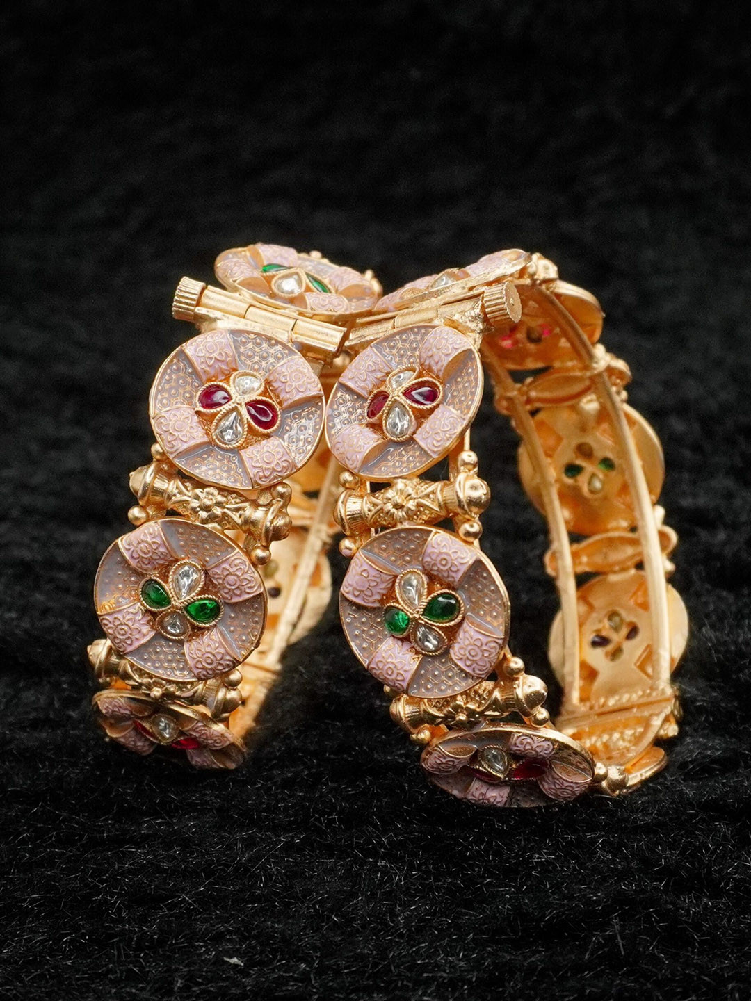 Panini jewels Set Of 2 Gold-Plated American Diamond & Ruby Studded Bangles