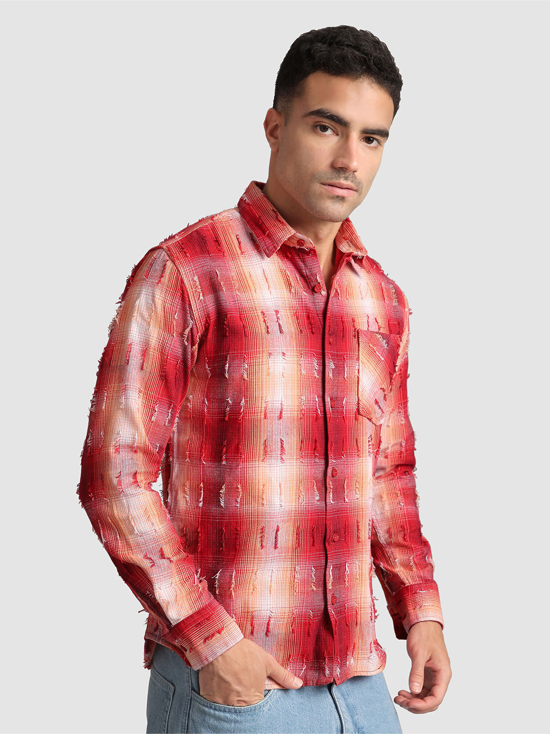 Beyoung Men Red Frayed Check Cotton Shirt