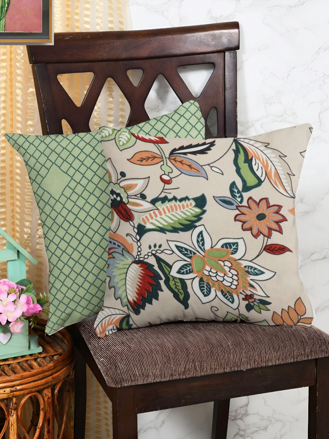 IVAZA Green Floral Cotton Double-Sided 2 Piece Square Cushion Covers - 23.6 x 23.6 Inches