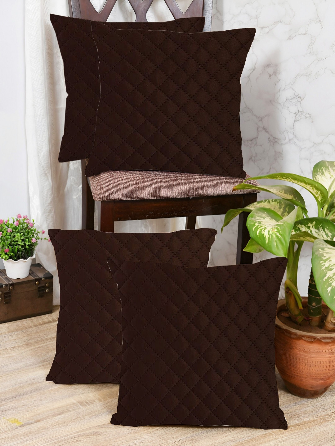 IVAZA Brown Set of 4 Checked Velvet Square Cushion Covers