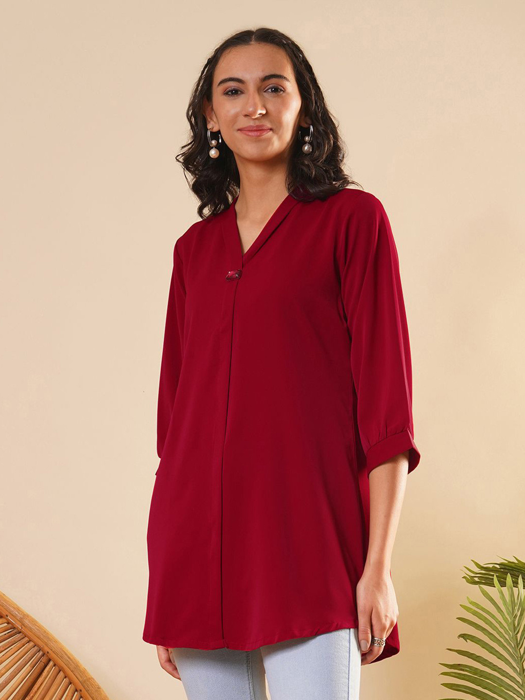 ZOLA  Women Exclusive V Neckline Rayon Solid Red  Straight Tunic