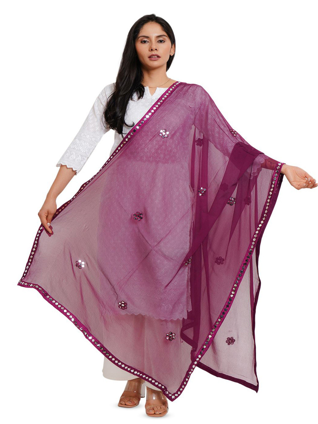 Karthav Fashion Floral Embroidered Mirror Work Chiffon Barfi Dupatta