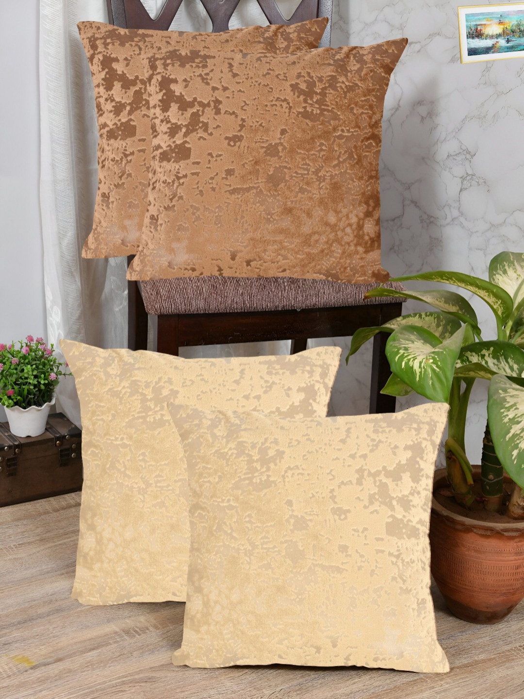 IVAZA Brown Abstract Velvet Double-Sided 4 Piece Square Cushion Covers -24x24In