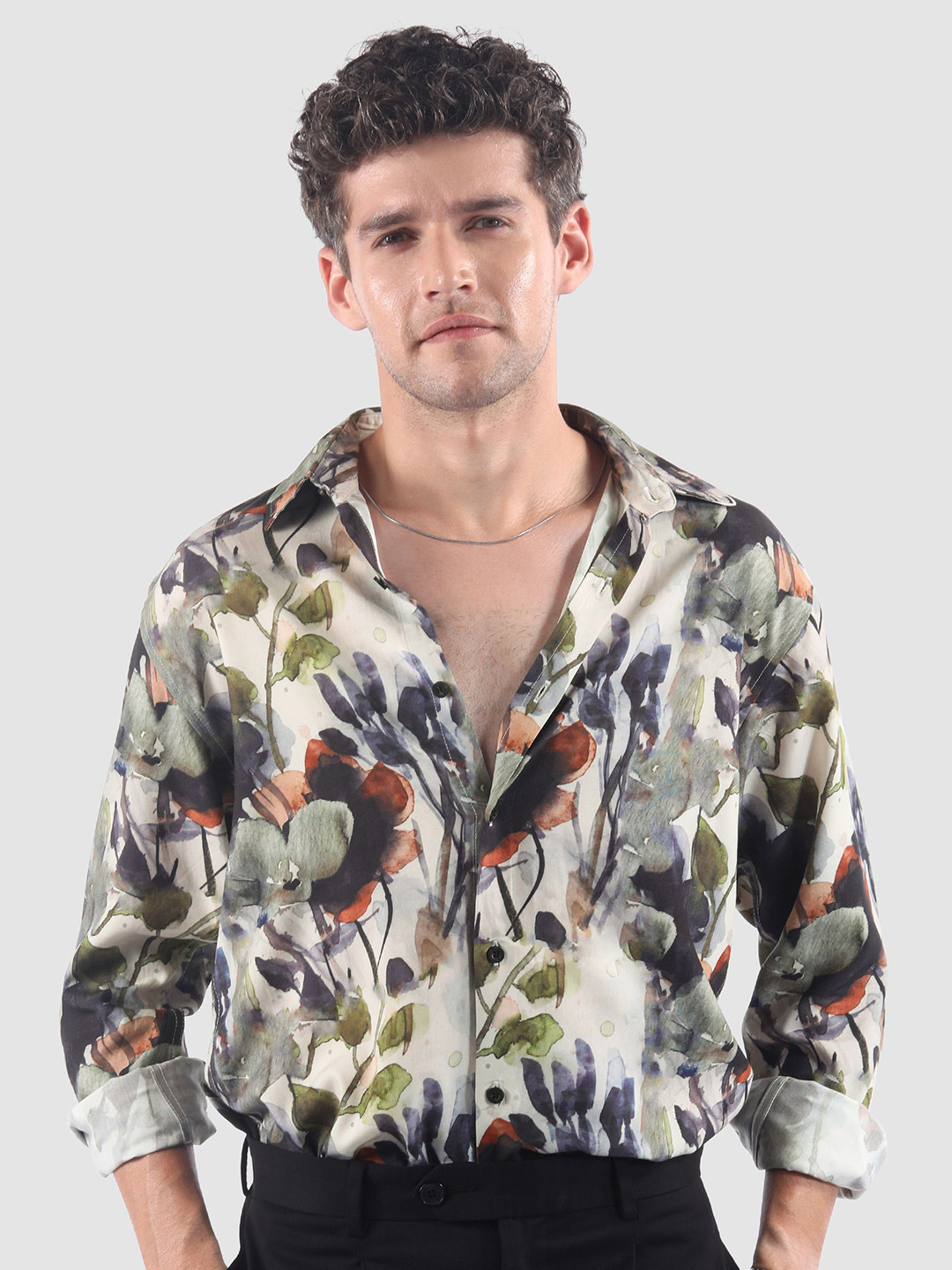 Beyoung Men Cream Abstract Tropical Print Shirt