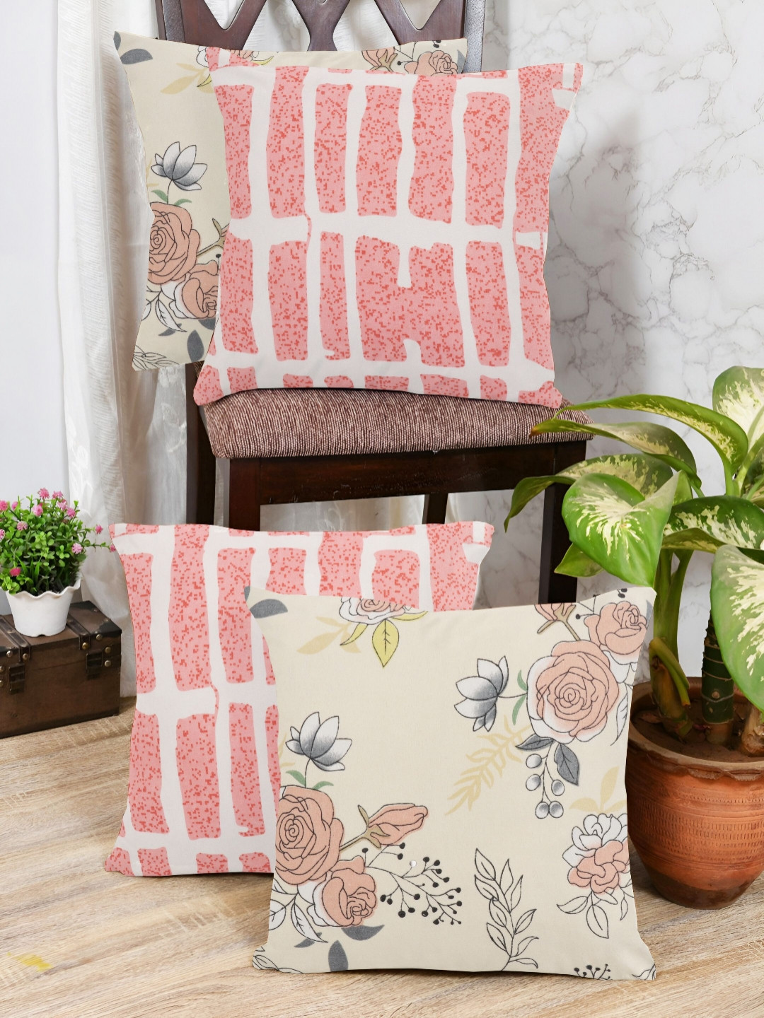 IVAZA Light-Weight Pink Floral Cotton Breathable 4 Piece Square Cushion Covers -16x16In