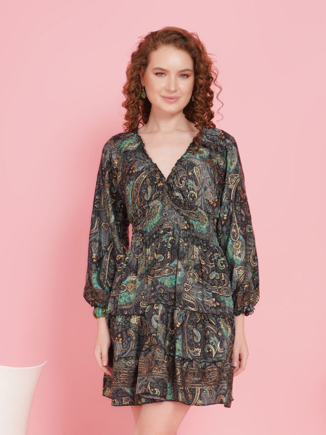 Boholyfe Women Kaia Enchanted Emerald Ethnic Motifs Printed Tiered Mini Empire Mini Dress