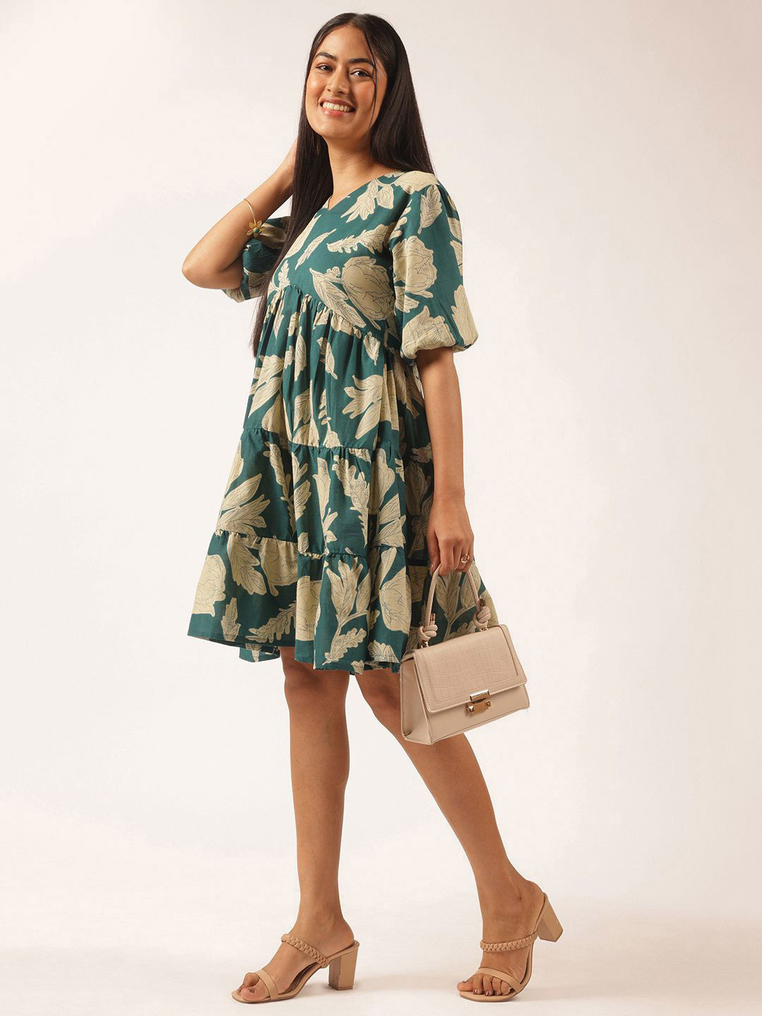 KALINI Floral Printed Bishop Sleeve Fit & Flare Dress