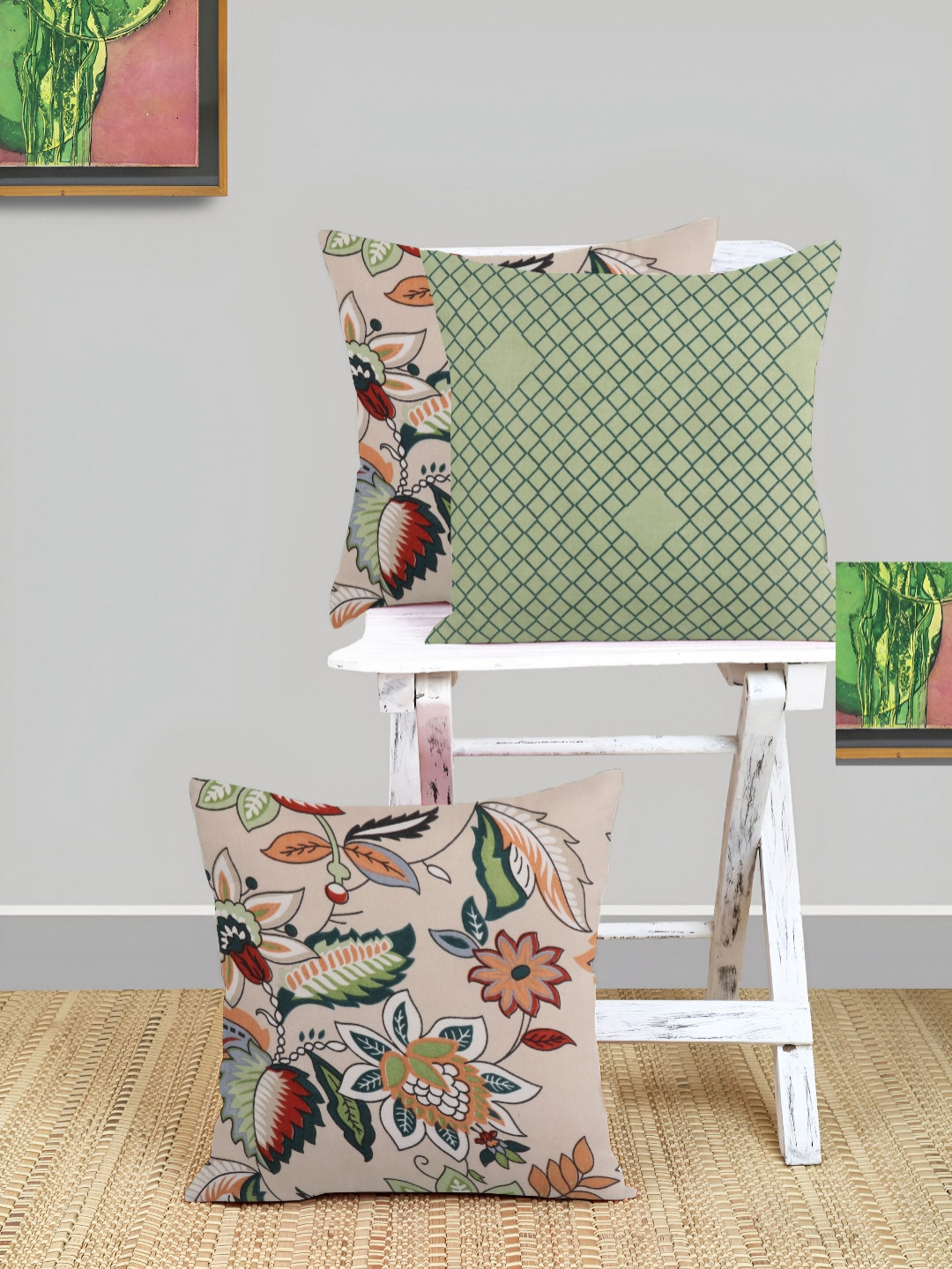 IVAZA Floral Cotton 3 Pcs Square Cushion Covers - 23.6 x 23.6 In