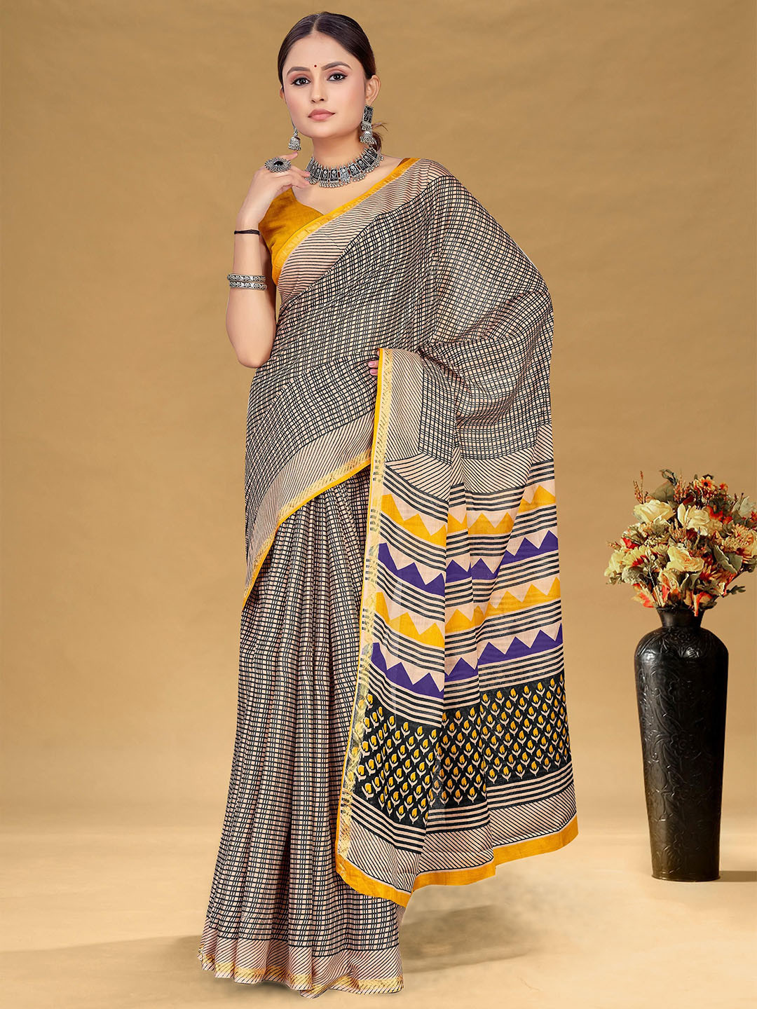 Panzora Checked Printed Zari Pure Cotton Bagru Saree