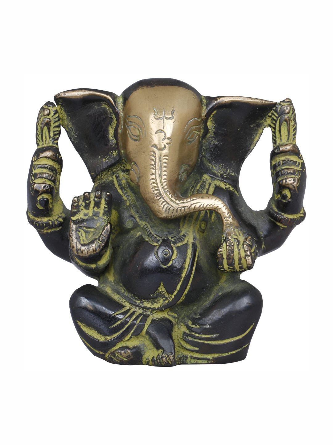 Exotic India Ganesha Eating Modak Green Brass Metallic Prayer Room Tiny Showpiece - 3.6 Inches