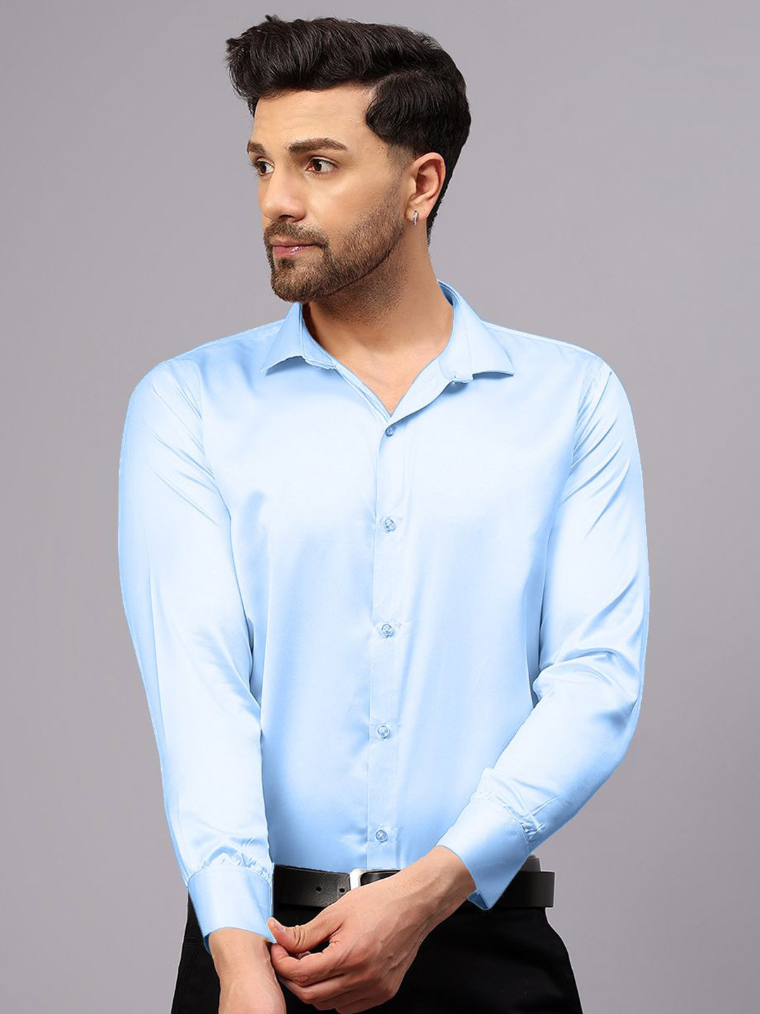CVC Men Regular Fit Poly Satin Silk Sky Blue Shirt