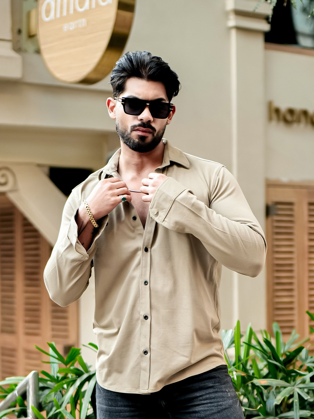 GRITSTONES Men Gold Slim Pique Shirt