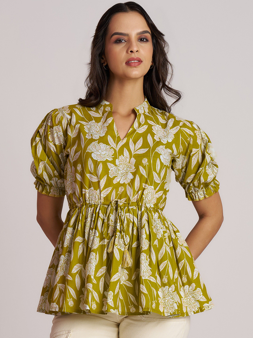 The Cloth Crow Women Floral Print Puff Sleeve Cotton Peplum Top