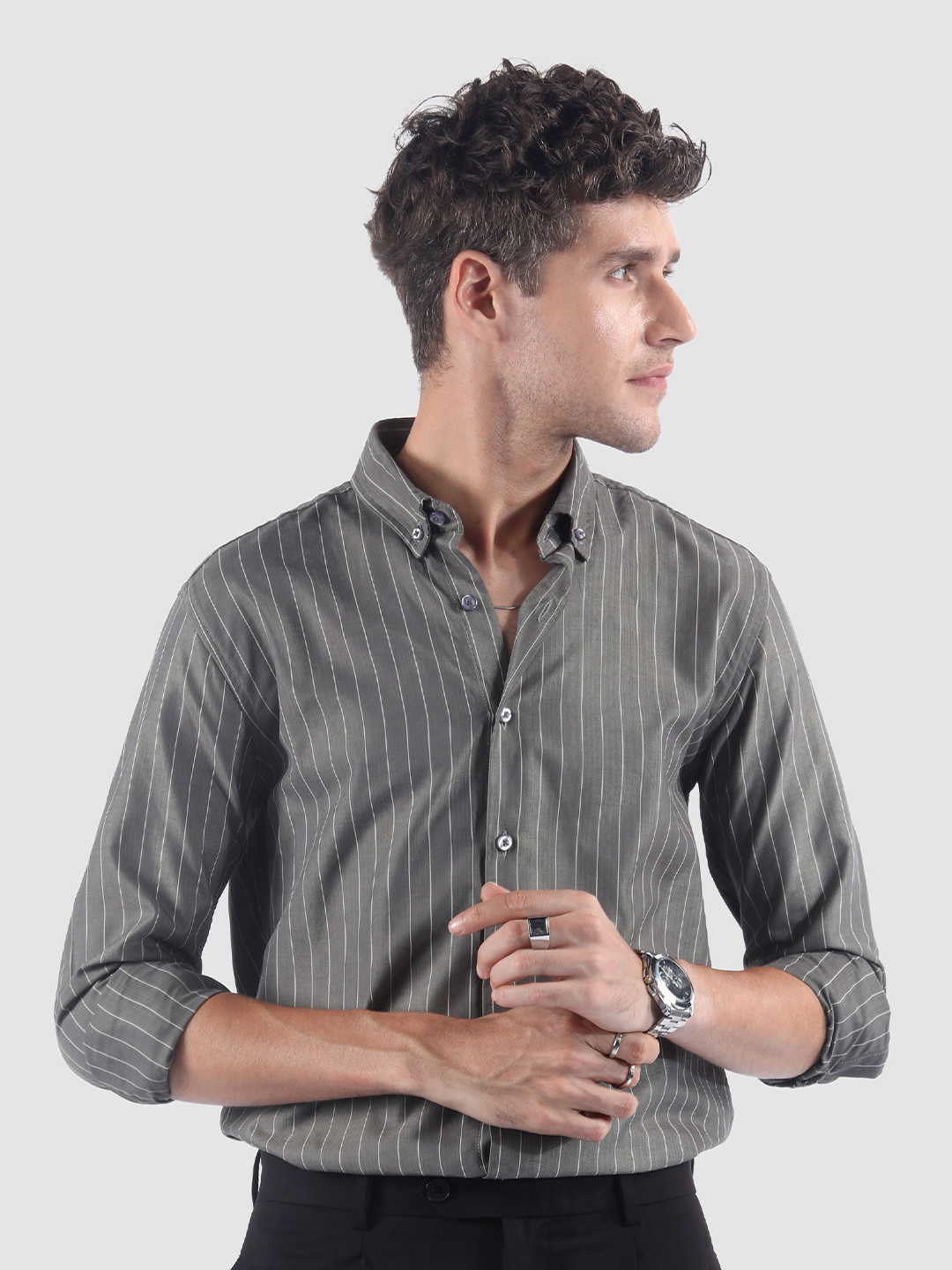 Beyoung Men Ash Grey Stripe Button Down Collar Shirt