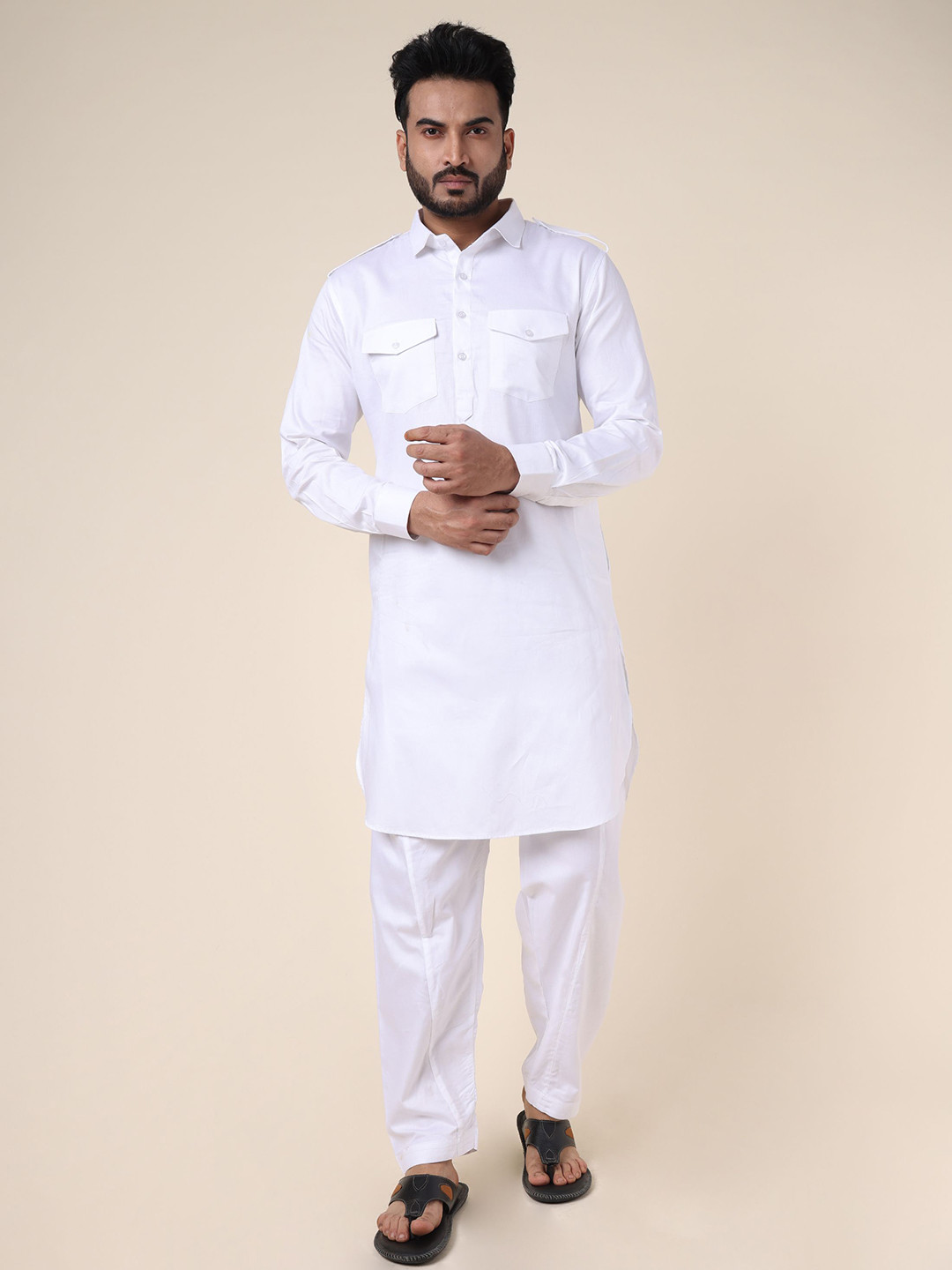 W & G Men Solid Long Sleeves Side Slits Pathani Kurta with Salwar