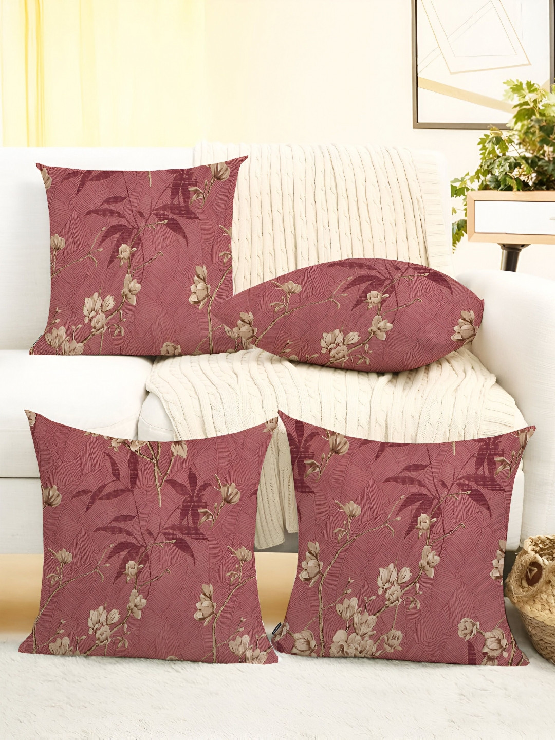 IVAZA Purple & Brown Set of 4 Floral Square Cushion Covers