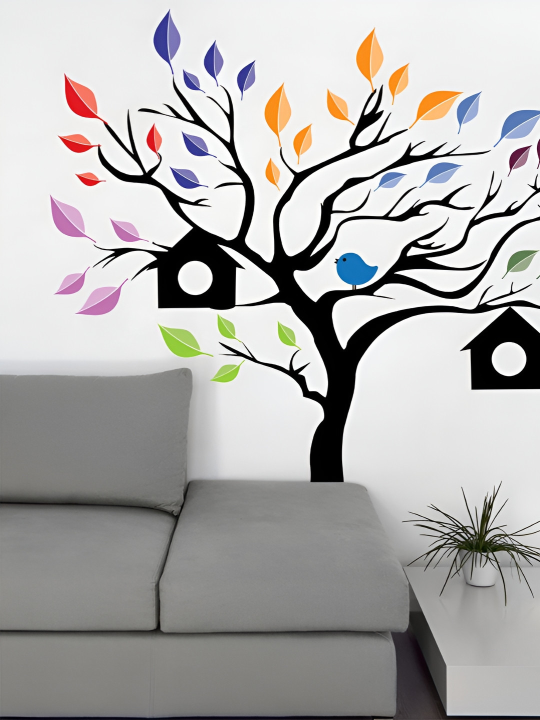 LANSTICK Blue & Yellow Tree With Birds & Cage Self Adhesive Wall Sticker