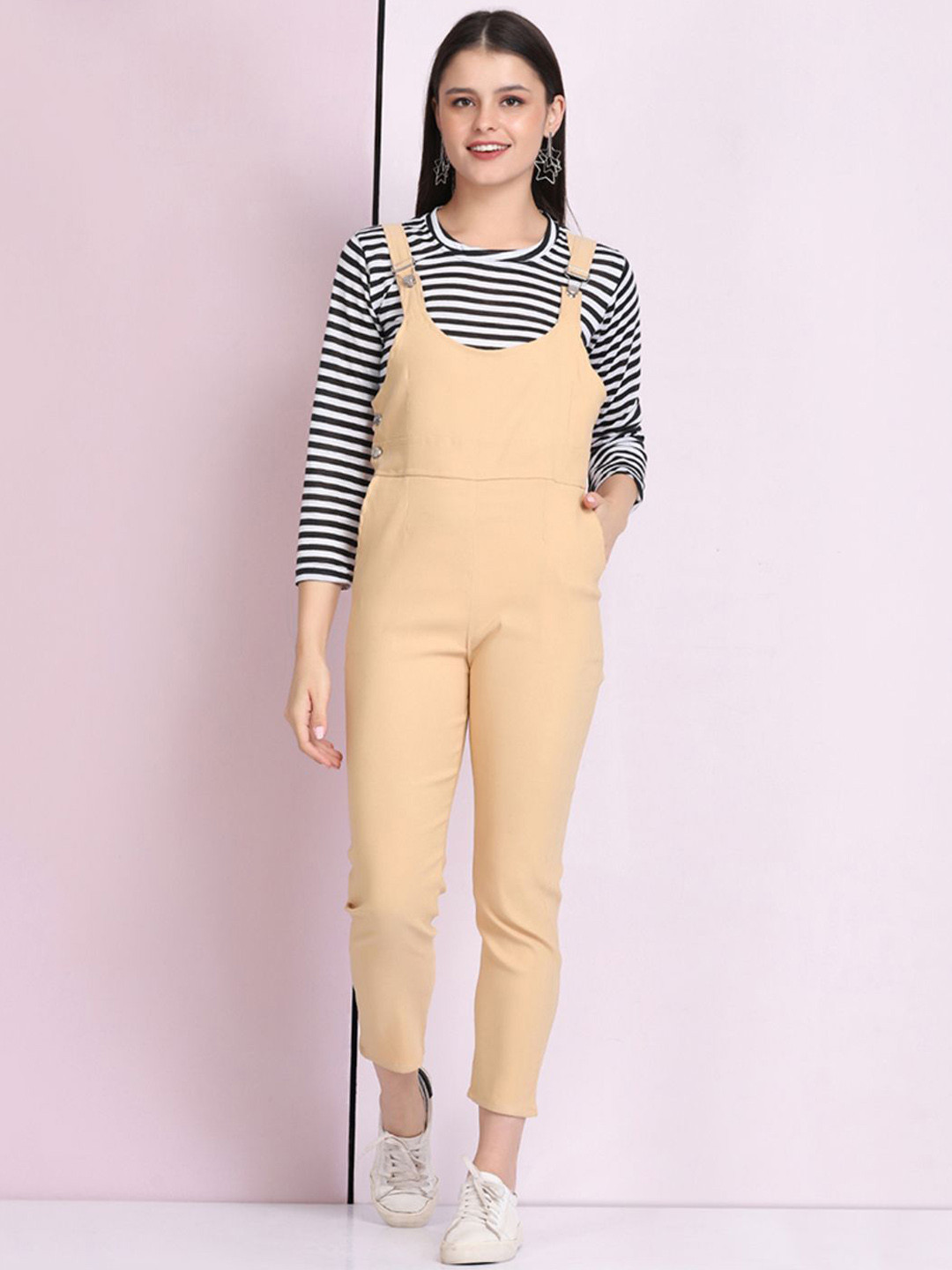 BuyNewTrend Cotton Lycra Beige Maxi Top with Dungaree Dress