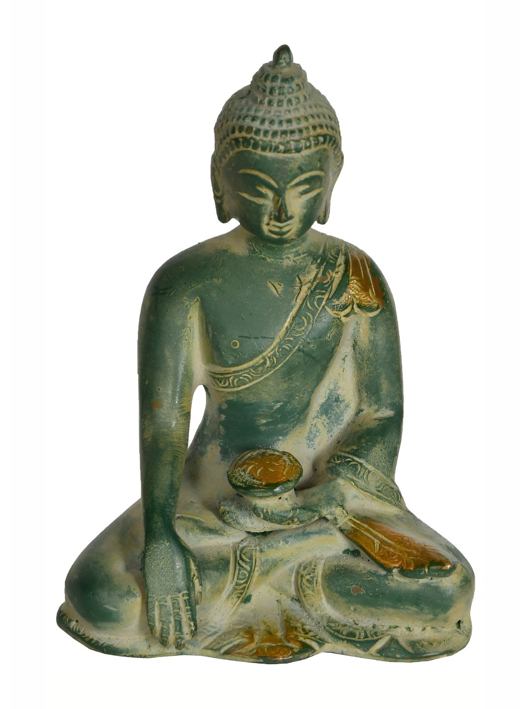 Exotic India Samadhi Buddha Green Brass Metallic Home Office Hand Made Small Showpiece - 4.4 Inches