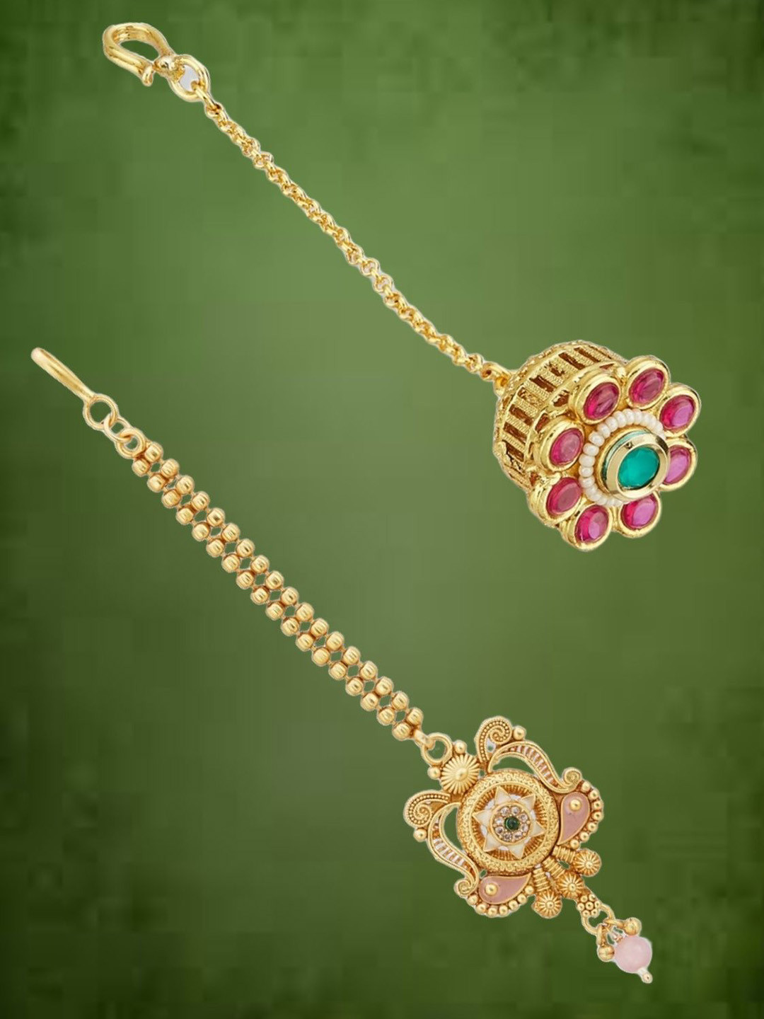 ATIBELLE Set of 2 Gold-Plated Stone Studded and Rajasthani Borla Beaded Maang Tikkas