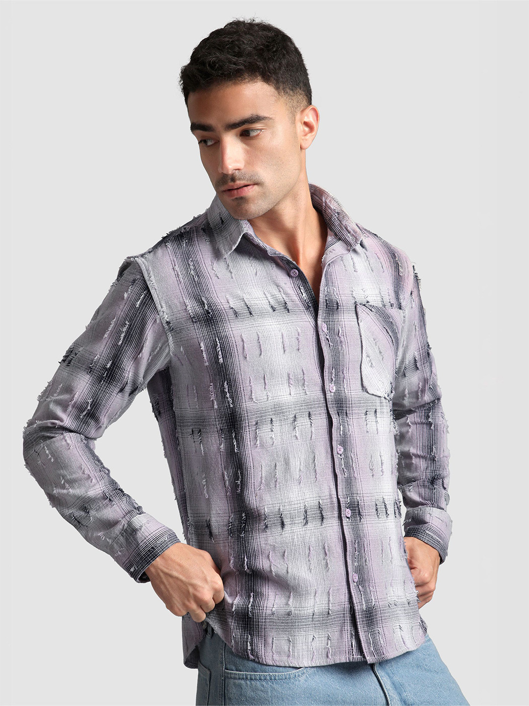 Beyoung Men Cotton Lilac Frayed Check Shirt