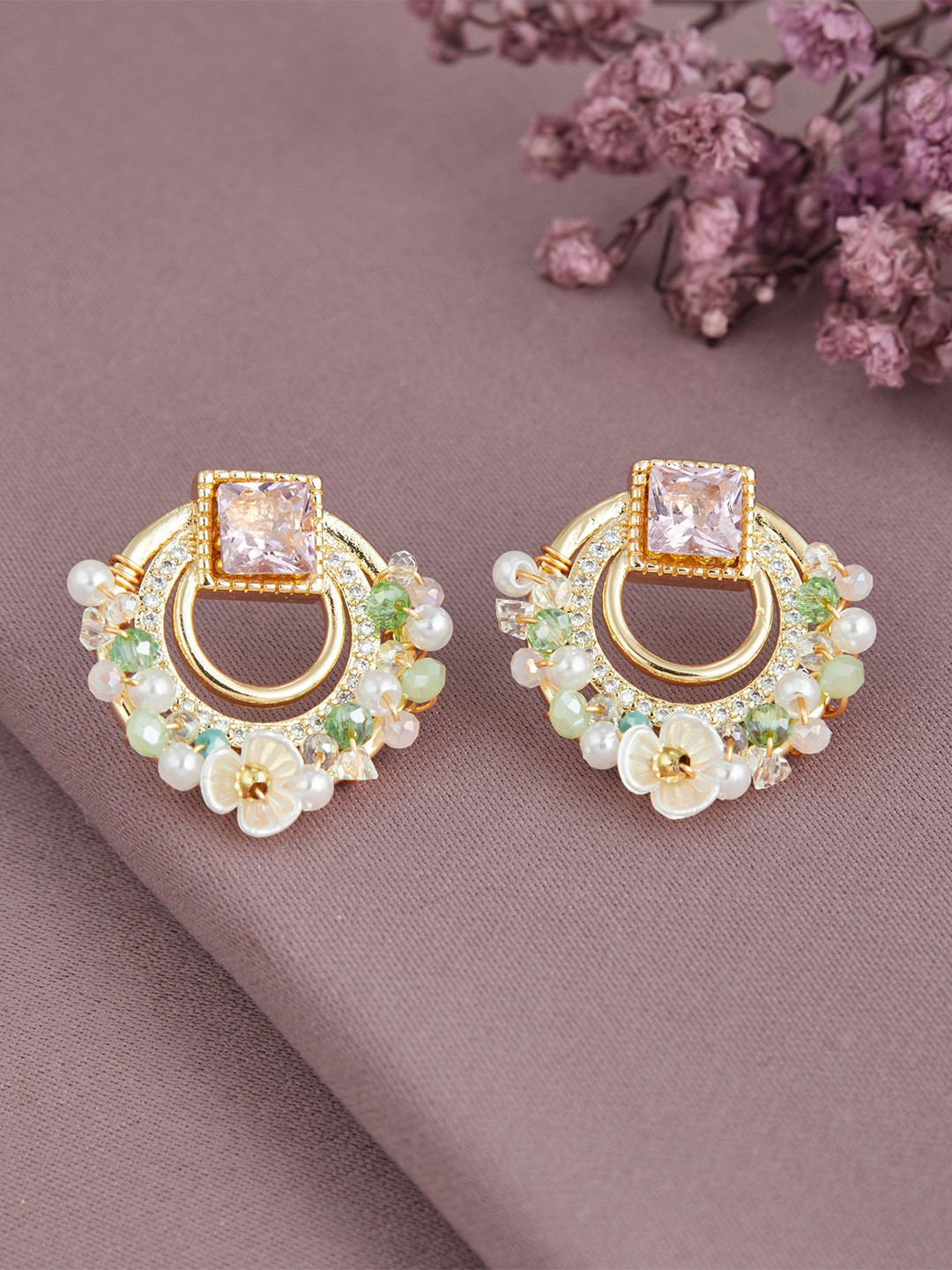 GC Jewelery Floral Gold-Tone with Pink Gemstone Circular Studs