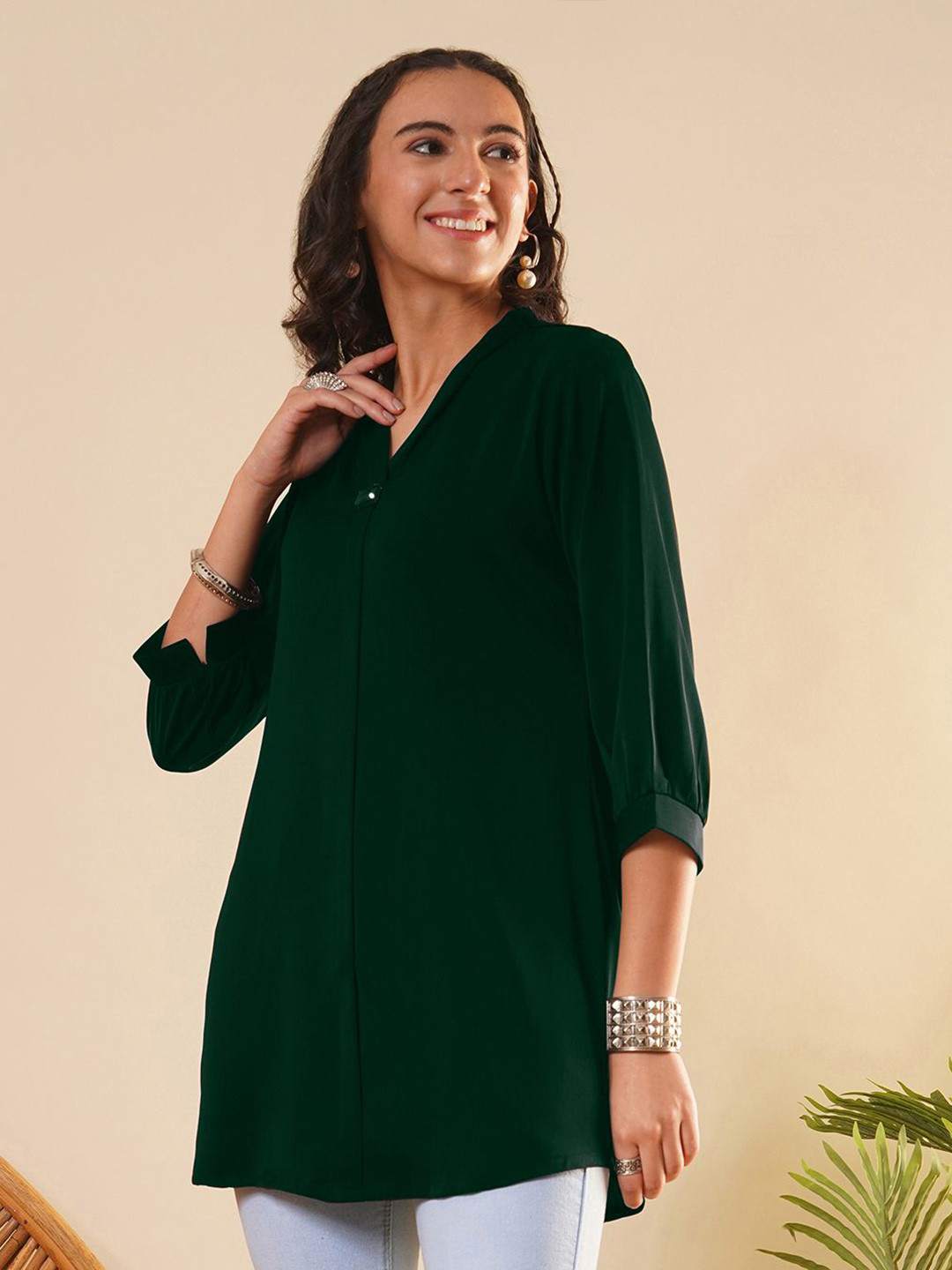 ZOLA Women V Neckline Rayon Solid Bottle Green Straight Tunic