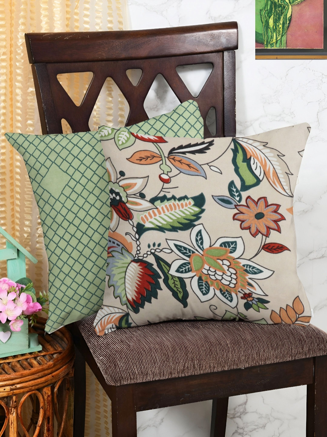 IVAZA Floral Cotton 2 Pcs Square Cushion Covers - 11.8 x 11.8 In