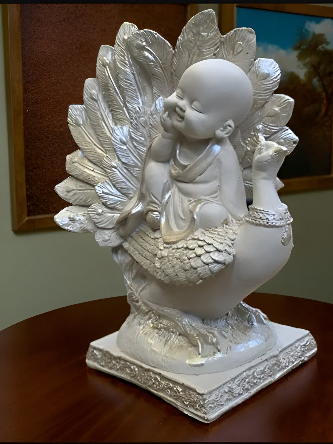 SANKALAN CREATIONS Peacock Smiling Buddha White Polyresin Natural Living Room Medium Showpiece - 8.3 Inches