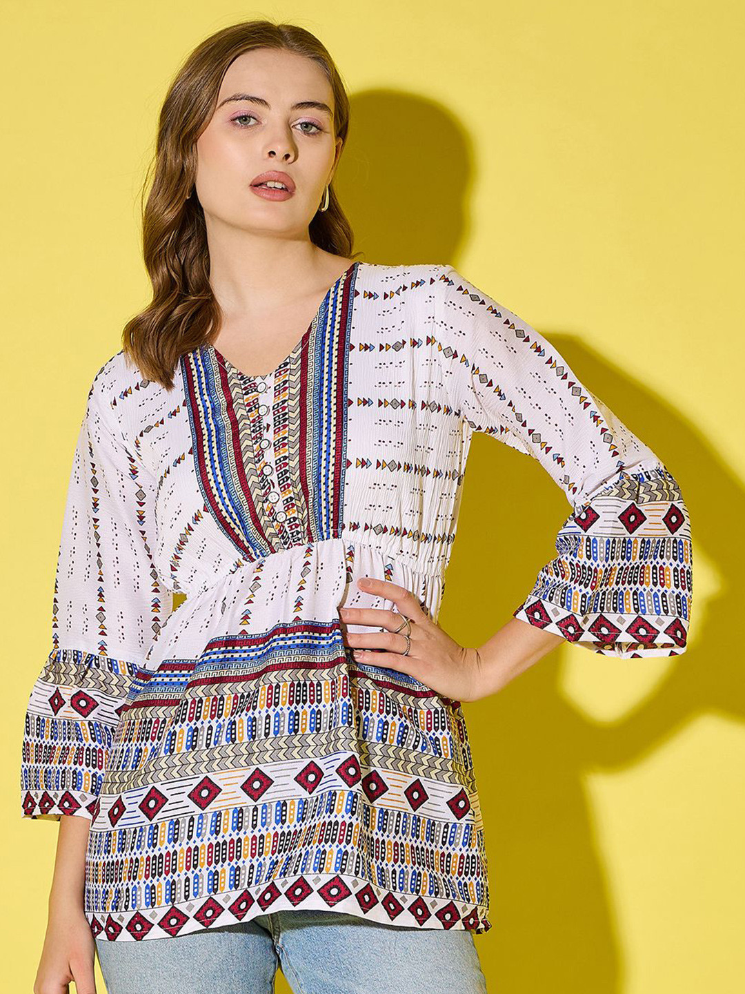 DIMPY GARMENTS Women Tribal Print Flared Sleeve Crepe Longline Top