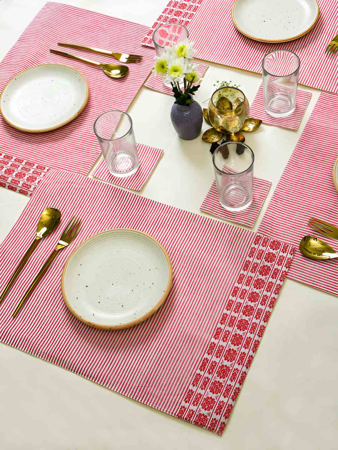 Myntra Elegant Homes 4-Pcs Pink & White Stripe Printed Cotton Table Placemats