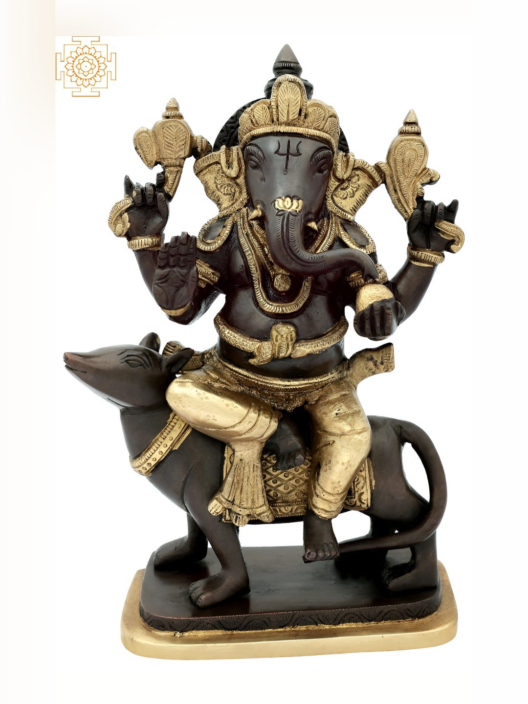 Exotic India Lord Ganesha Seated on Rat Gold Brass Metallic Prayer Room Hand Made Medium Showpiece - 10 Inches