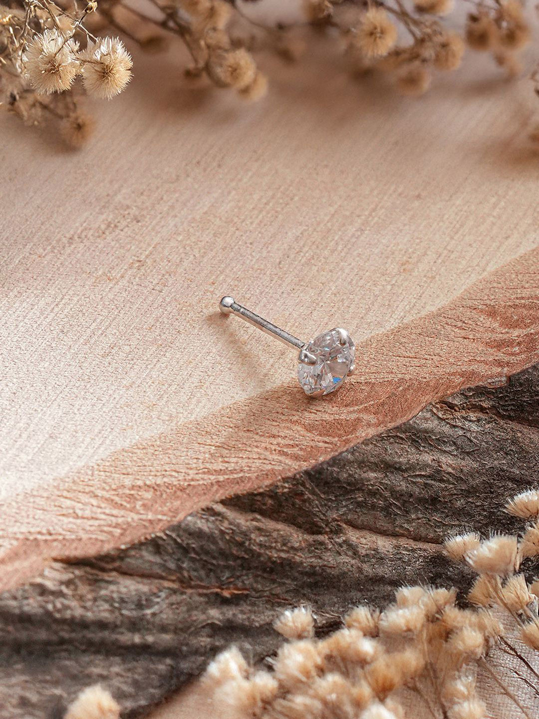 SARAF SILVERETZ 925 Sterling Silver-Plated Round American Diamond Studded Stud Nosepin