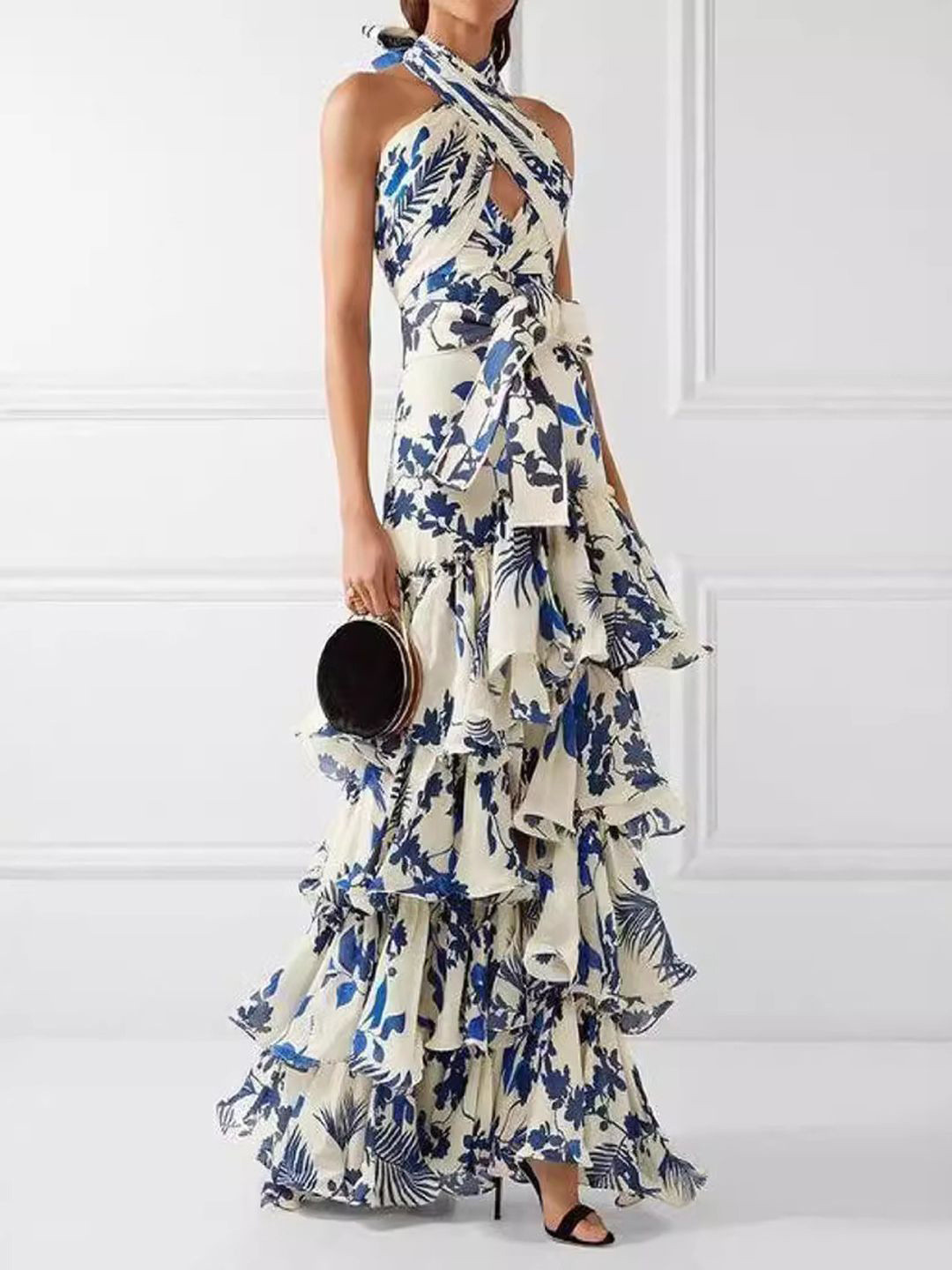 bebe Floral Print Halter Neck Tiered Ruffle Maxi Dress