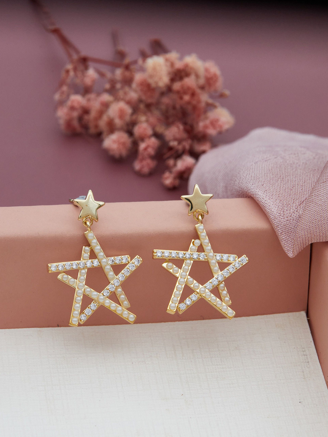GC Jewelery Gold-Plated Artificial Stones & Beaded Star Shaped Drop Earring