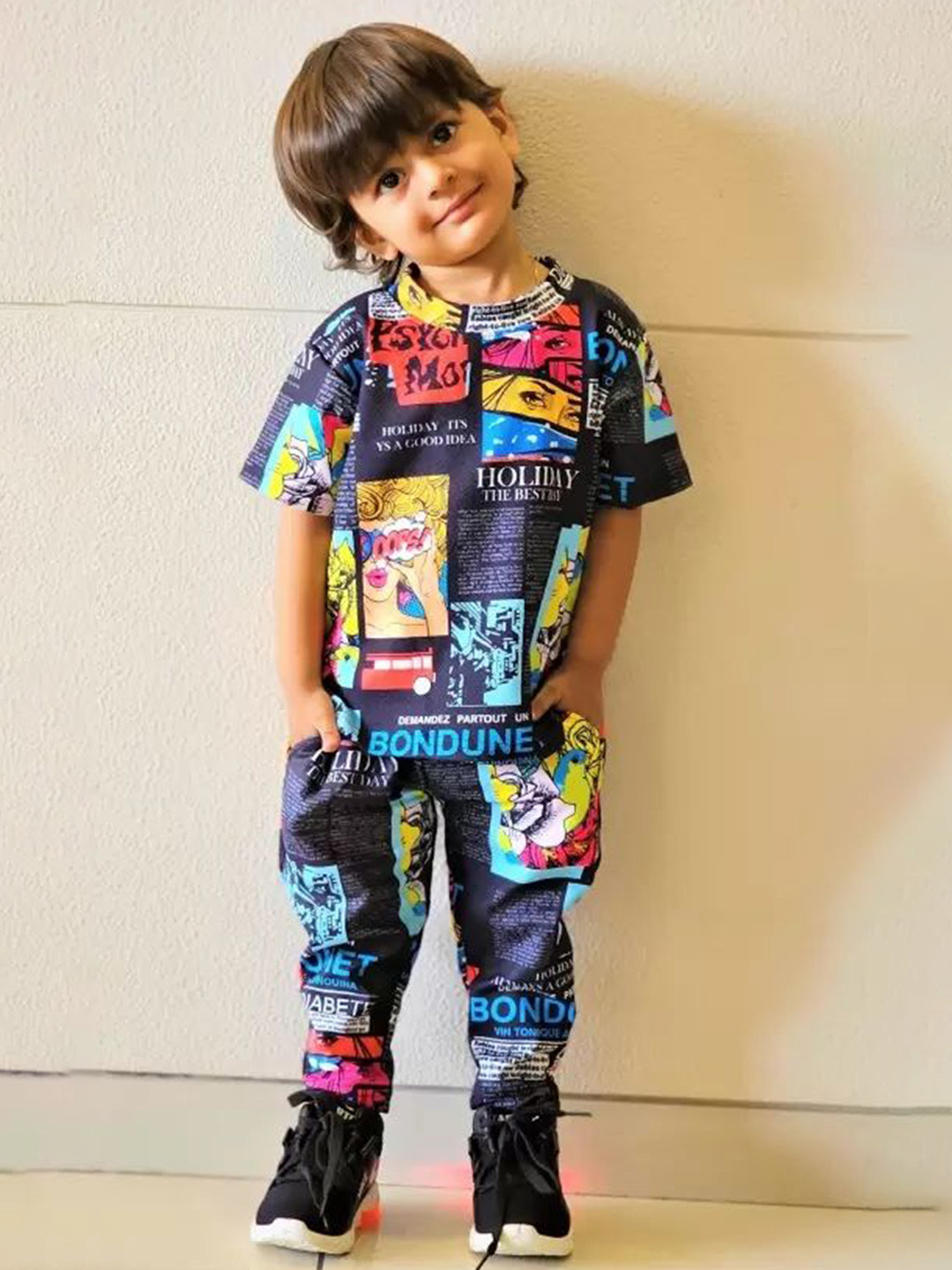 purple sky Kids Printed Round Neck T-Shirt With Trouser