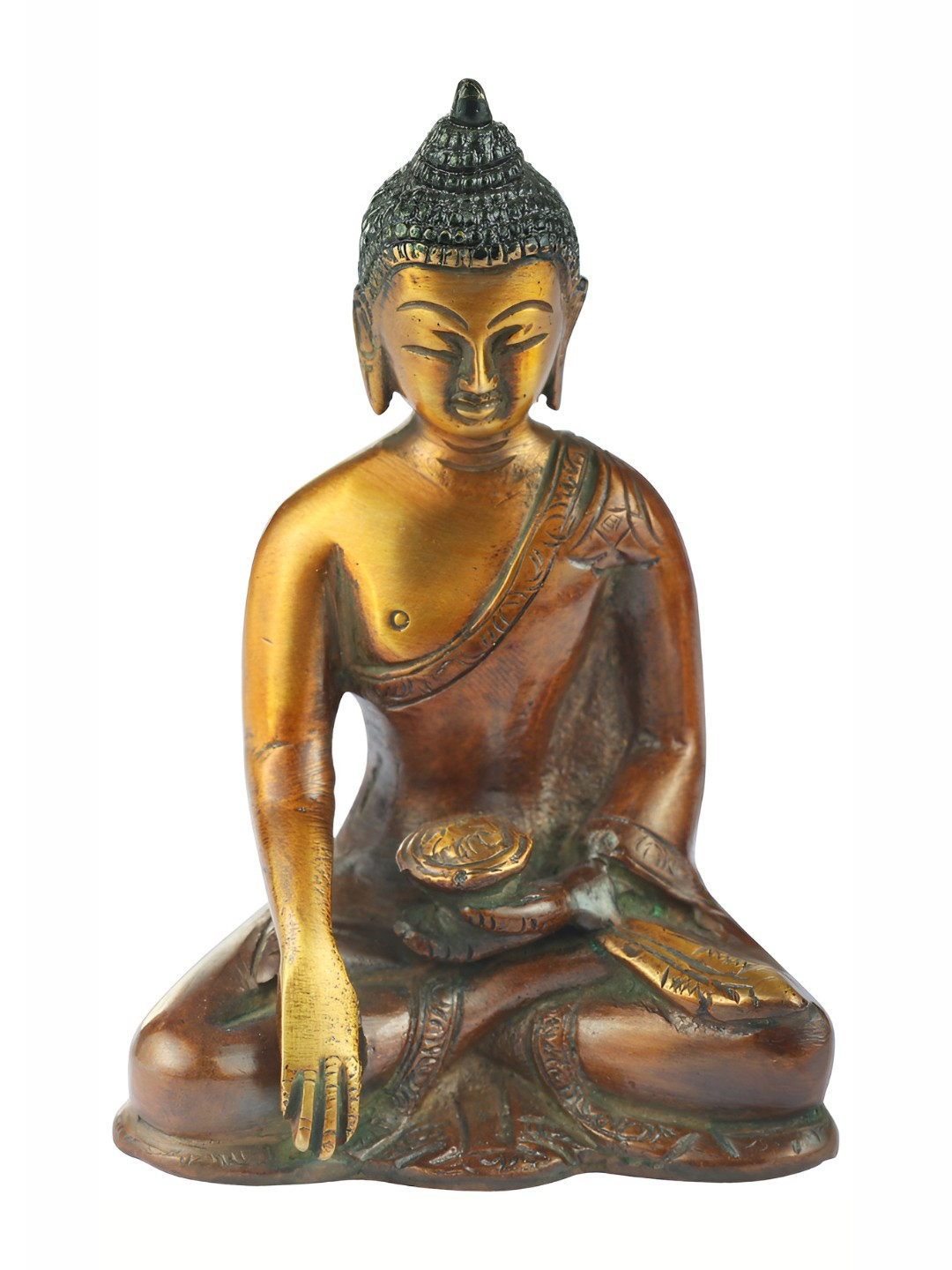 Exotic India Samadhi Buddha Brown Brass Metallic Living Room Hand Made Small Showpiece - 4.4 Inches