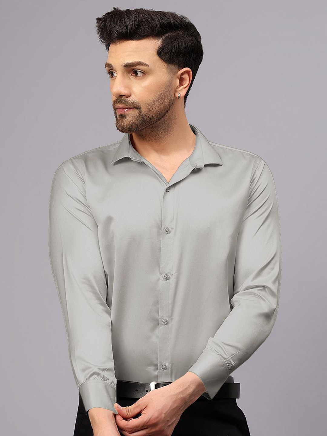 CVC Men Regular Fit Poly Satin Silk Silver Shirt