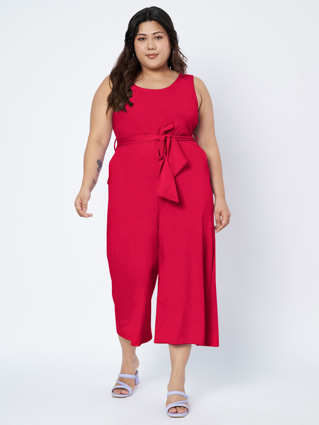 BRINNS Plus Size Round Neck Waist Tie-Ups Pure Cotton Culotte Jumpsuit